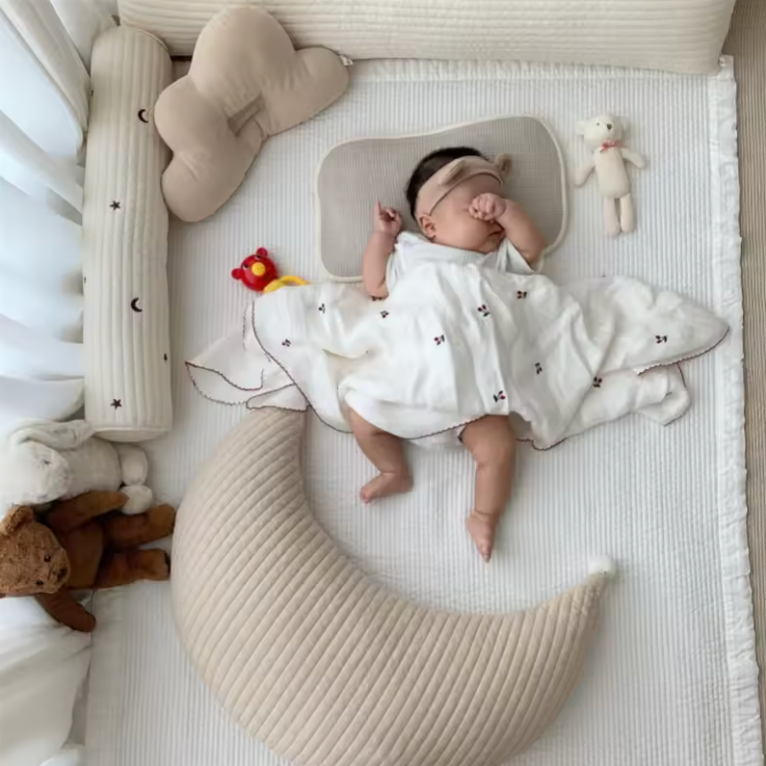 Bébé endormi confortablement avec le coussin lune Be'Lune beige, entouré de peluches et de linge en coton dans un lit cocooning.