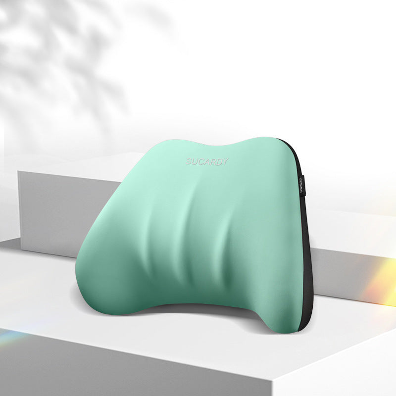 Coussin lombaire Be'Support vert menthe pour femme enceinte, soulage les douleurs dorsales avec un soutien ergonomique.