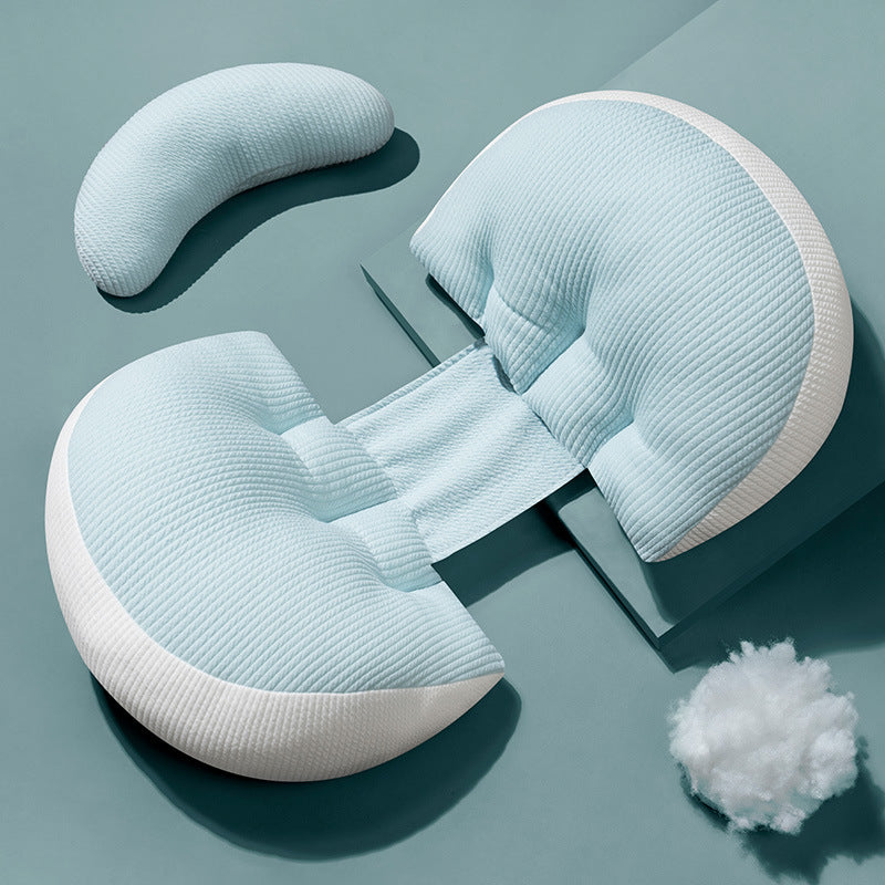 Coussin de soutien modulable Be'Link de BEBLY pour femmes enceintes, en tissu doux bleu pastel, idéal pour le dos, le ventre et les jambes.